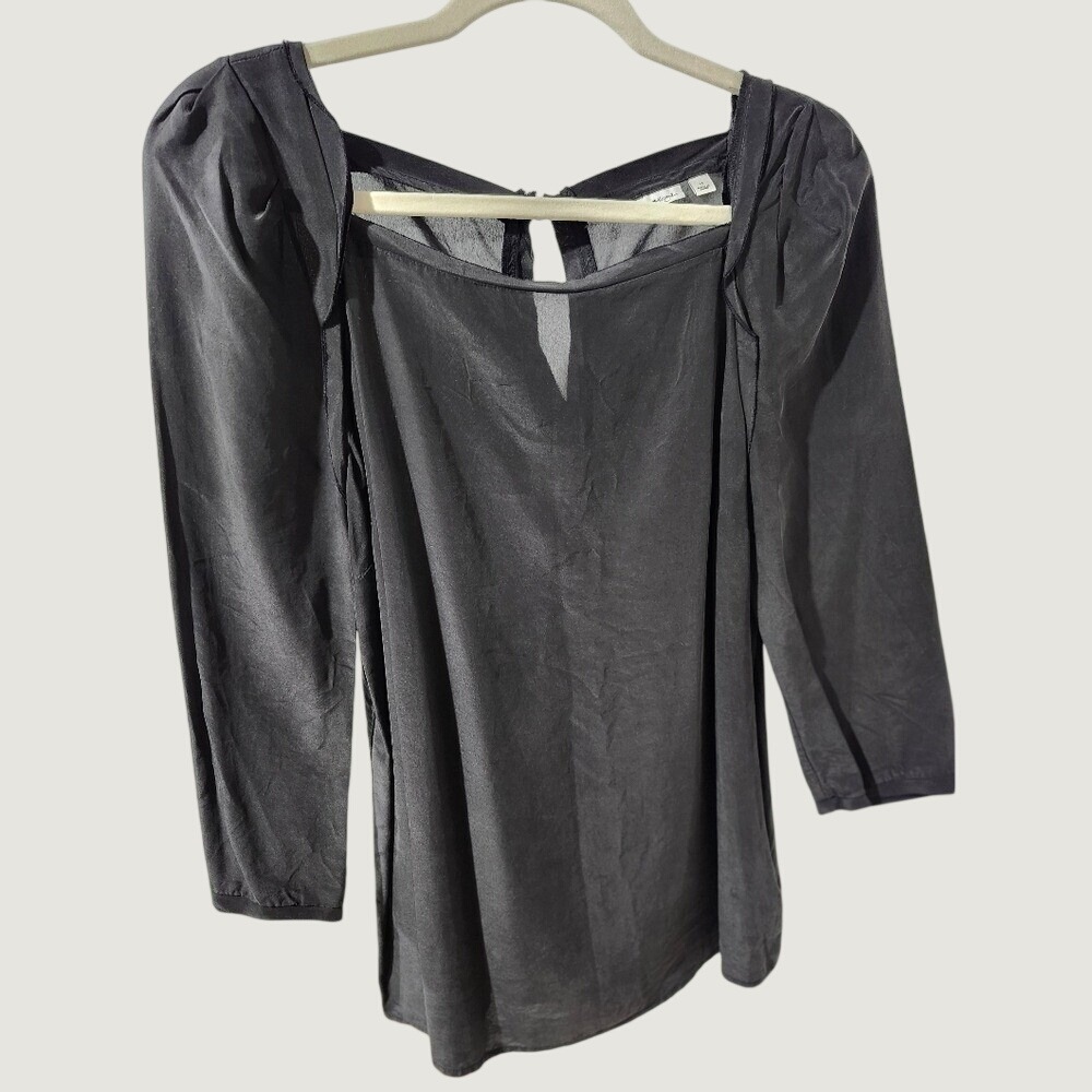 Halogen Black Silk Blend Square Neck Puff Sleeve Blouse Size M Side Zip Keyhole